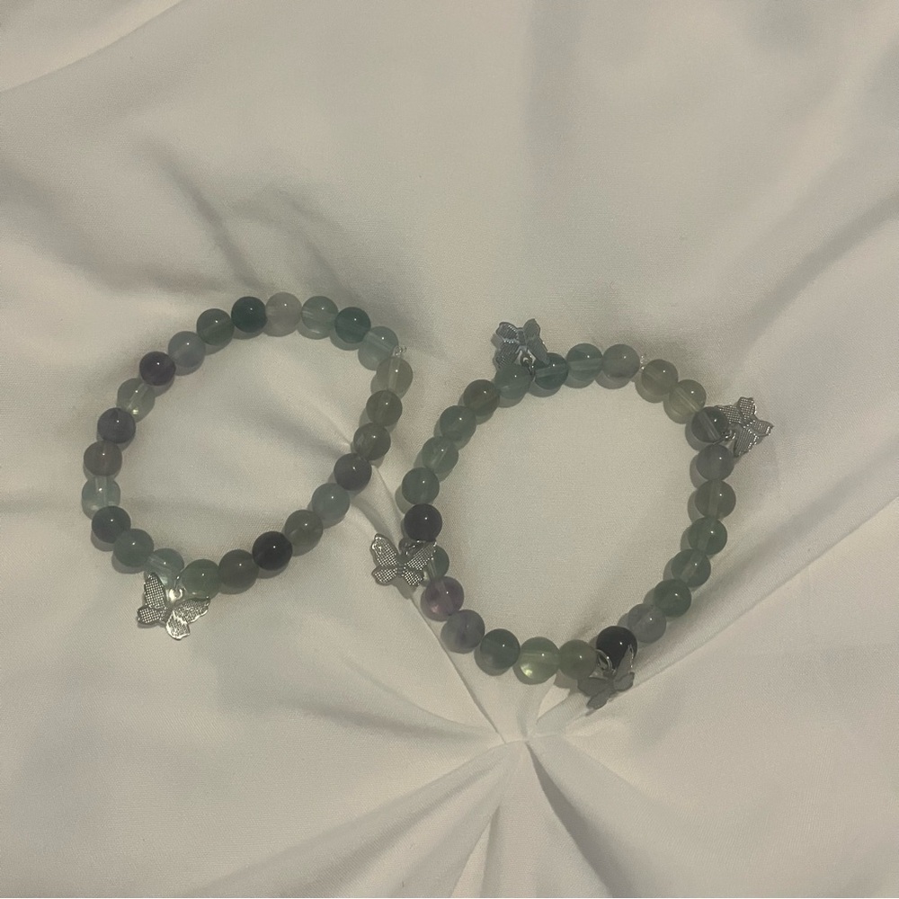 Fluorite Genuine Stone Butterfly Charm Bracelets Handmade Green Purple Silver - Picture 3 of 10